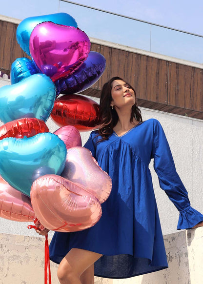 Blue Sunflower – Handcrafted Cotton Flare Dress