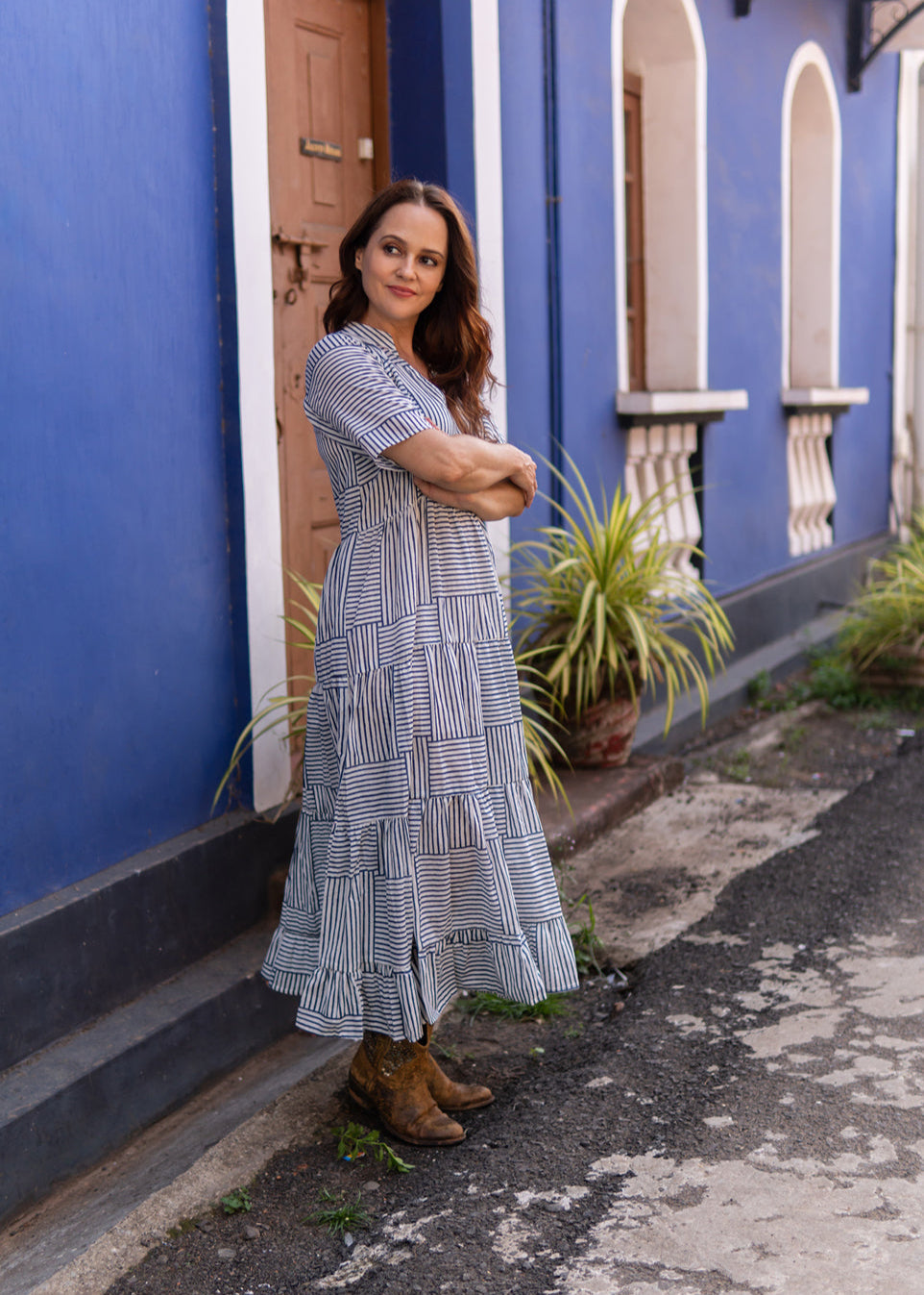 Stripes Play – Indigo Printed Cotton Maxi Dress