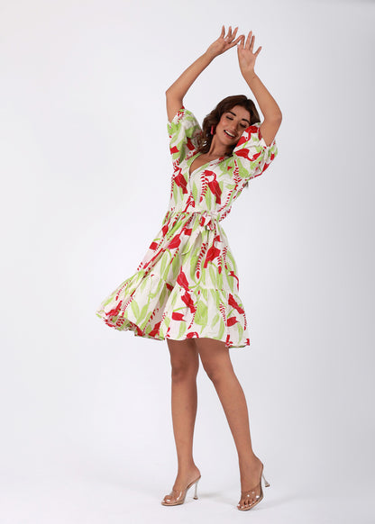 Tropical Garden – Red & Green Tropical Bird Print Cotton Dress