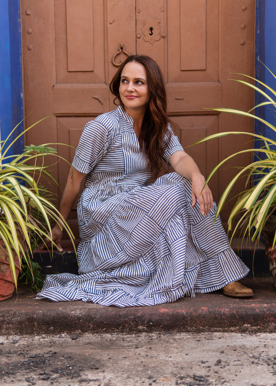 Stripes Play – Indigo Printed Cotton Maxi Dress