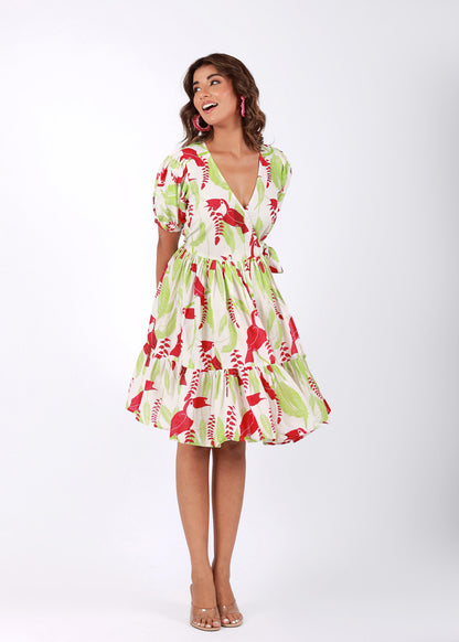 Tropical Garden – Red & Green Tropical Bird Print Cotton Dress