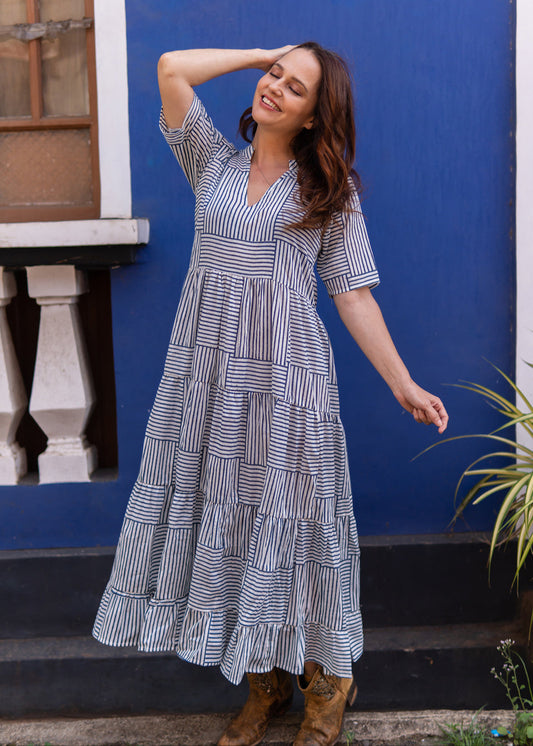 Stripes Play – Indigo Printed Cotton Maxi Dress