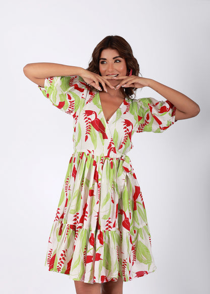 Tropical Garden – Red & Green Tropical Bird Print Cotton Dress