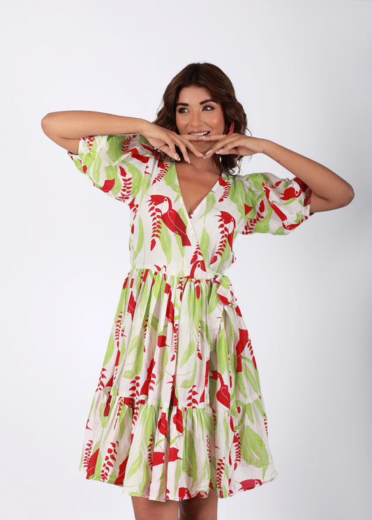Tropical Garden – Red & Green Tropical Bird Print Cotton Dress