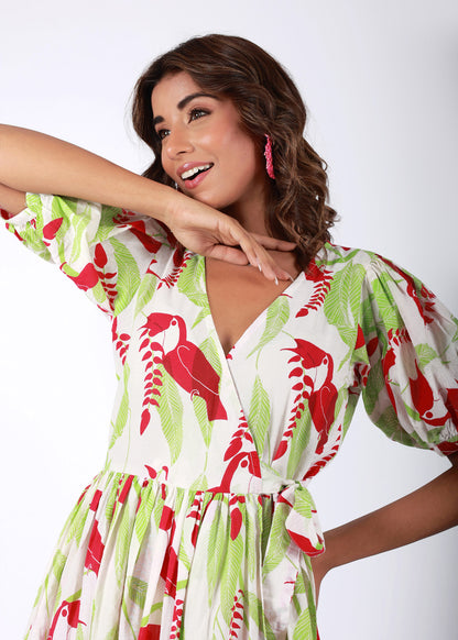 Tropical Garden – Red & Green Tropical Bird Print Cotton Dress