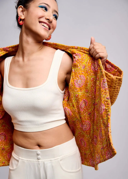 Petally – Ochre Handquilted Katha Embroidered Cotton Jacket