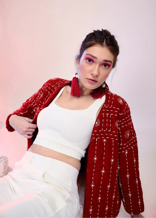 Svea – Hand Quilted Katha Embroidered Jacket in Red