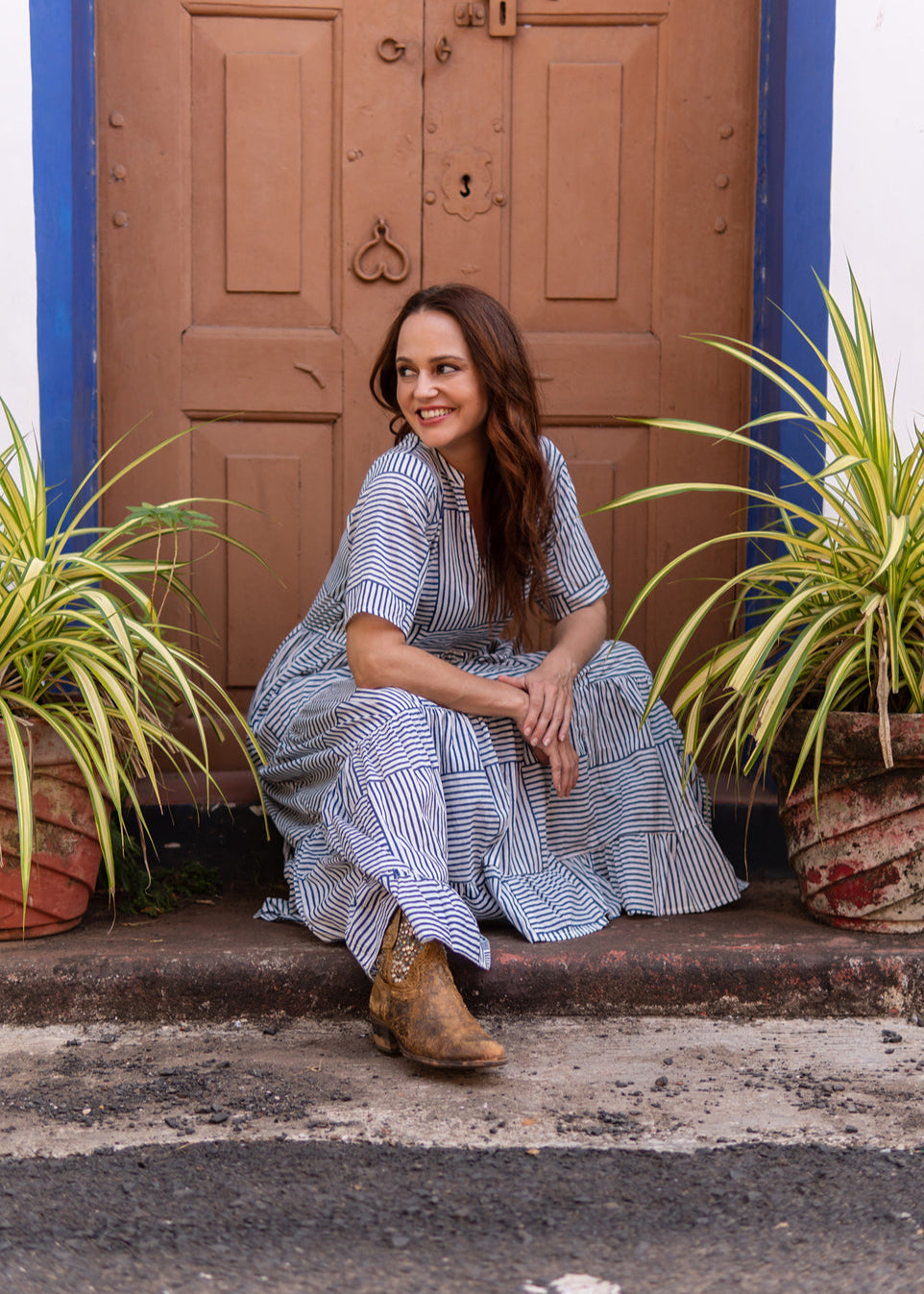 Stripes Play – Indigo Printed Cotton Maxi Dress