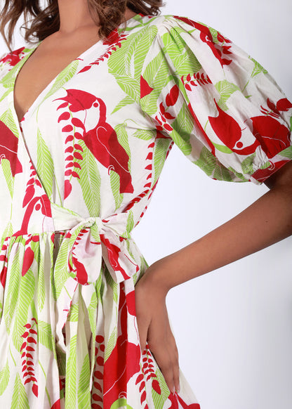Tropical Garden – Red & Green Tropical Bird Print Cotton Dress