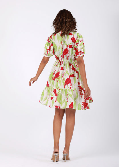Tropical Garden – Red & Green Tropical Bird Print Cotton Dress