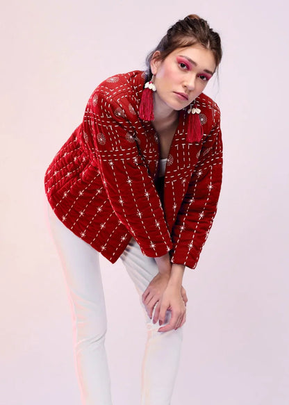 Svea – Hand Quilted Katha Embroidered Jacket in Red