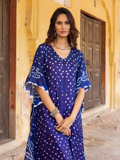 Neel Kamal – Navy Blue Bandhani Semi-Silk Kaftan with Inner Slip | Rangisaa Collection by That Romeo