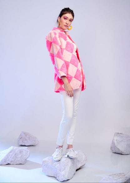 Waffly – Pink & Blush Checker Faux Fur Jacket