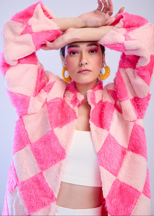 Waffly – Pink & Blush Checker Faux Fur Jacket