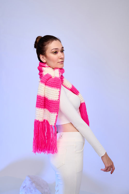 Pink & Cream Striped Knit Fringe Scarf | Cozy Statement Winter Scarf – ThatRomeo