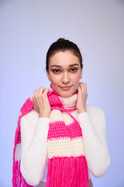 Pink & Cream Striped Knit Fringe Scarf | Cozy Statement Winter Scarf – ThatRomeo