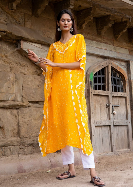 Gule Asharfi – Chrome Yellow Bandhani Semi-Silk Kaftan with Inner Slip