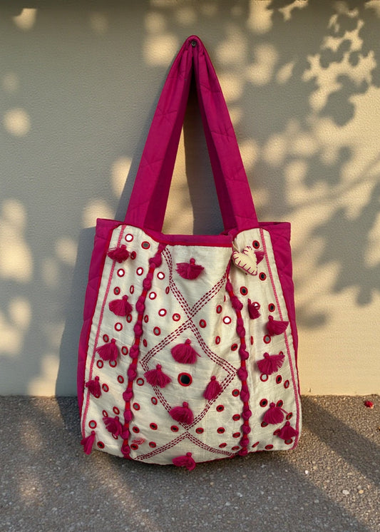 Pink Mirror-Work Tassel Tote — ThatRomeo