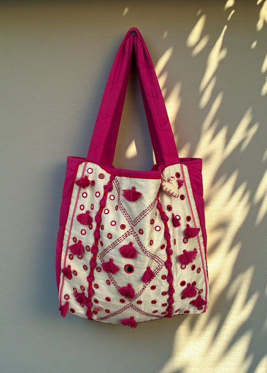 Pink Mirror-Work Tassel Tote — ThatRomeo