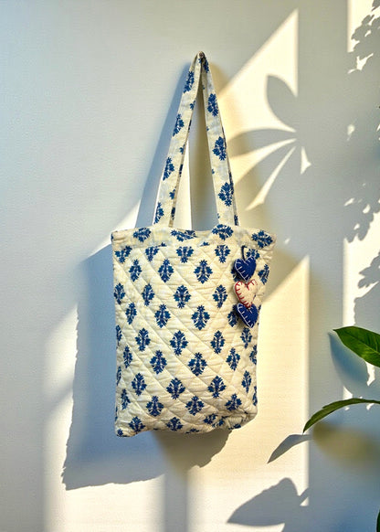Indigo Bloom Quilted Tote Bag