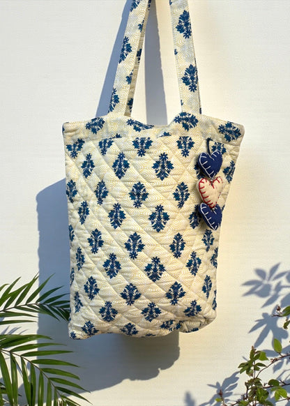 Indigo Bloom Quilted Tote Bag