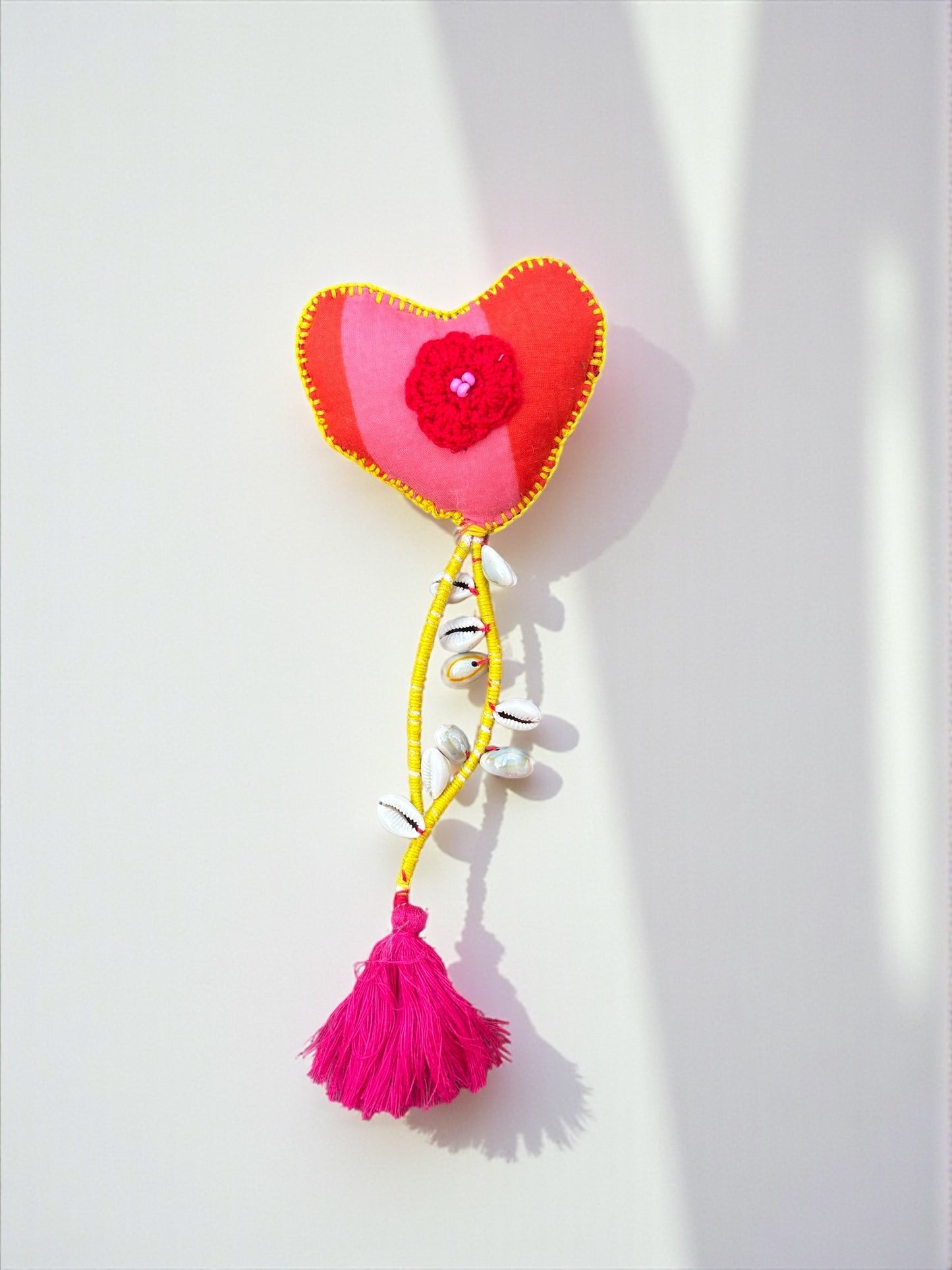 Boho Heart Keychain – Handmade Upcycled Fabric Charm with Shells & Pink Tassel