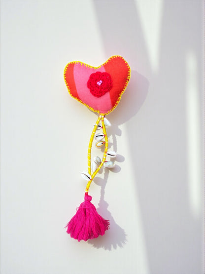 Boho Heart Keychain – Handmade Upcycled Fabric Charm with Shells & Pink Tassel