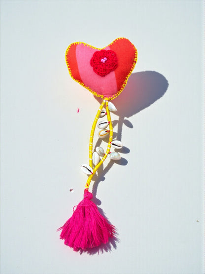 Boho Heart Keychain – Handmade Upcycled Fabric Charm with Shells & Pink Tassel