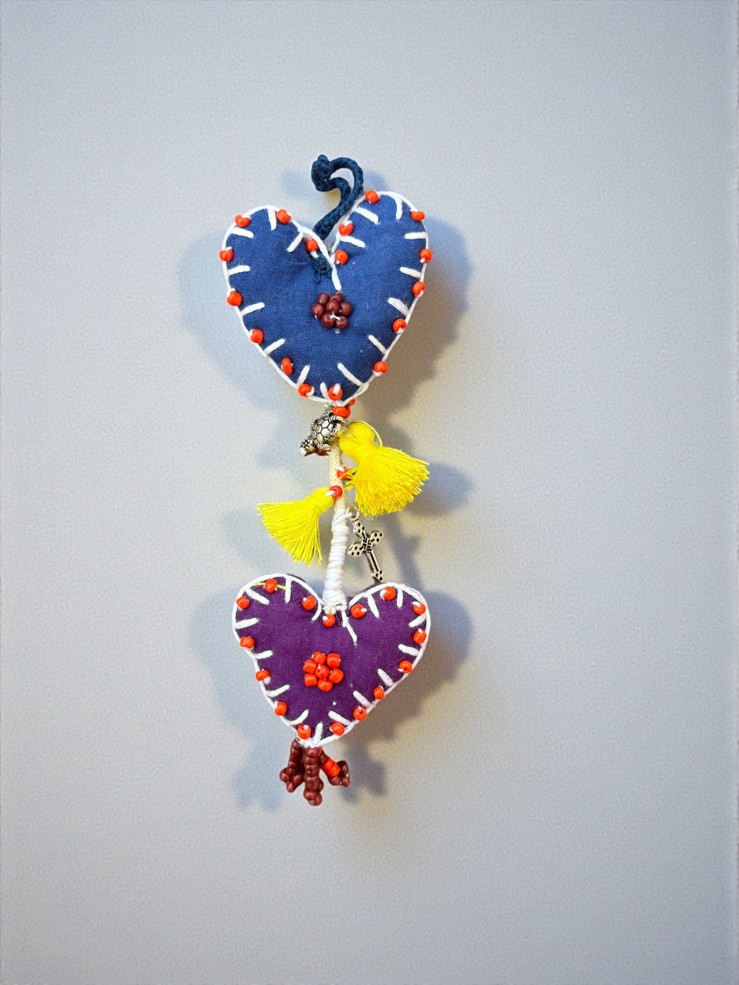 Boho Double-Heart Charm – Handmade Upcycled Fabric Decor with Tassels & Beads