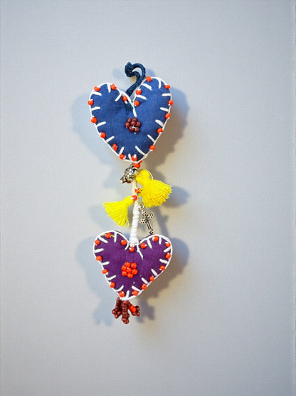 Boho Double-Heart Charm – Handmade Upcycled Fabric Decor with Tassels & Beads
