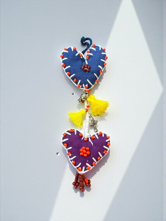 Boho Double-Heart Charm – Handmade Upcycled Fabric Decor with Tassels & Beads