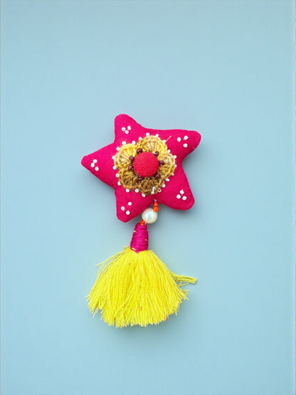 Boho Star Charm – Handmade Upcycled Fabric Decor with Yellow Tassel