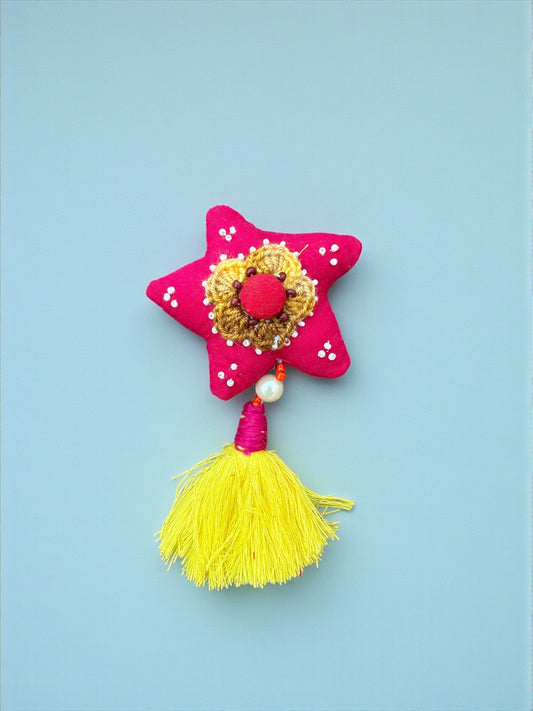 Boho Star Charm – Handmade Upcycled Fabric Decor with Yellow Tassel