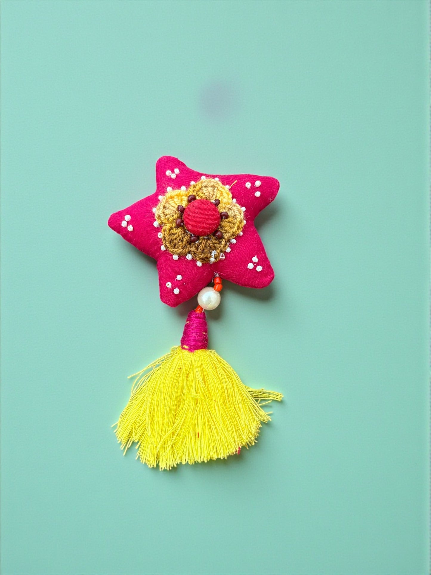 Boho Star Charm – Handmade Upcycled Fabric Decor with Yellow Tassel