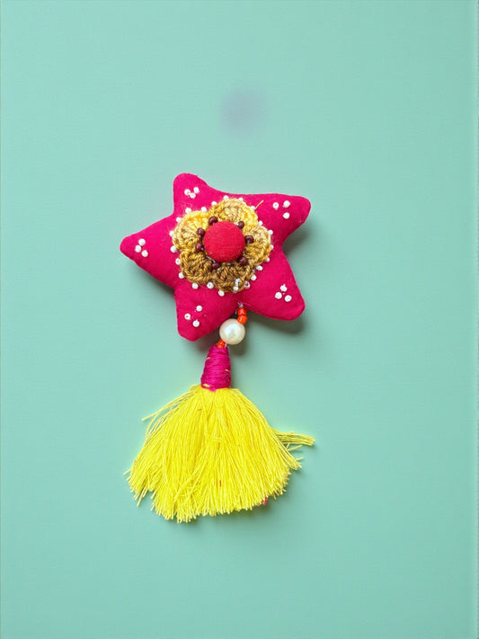 Boho Star Charm – Handmade Upcycled Fabric Decor with Yellow Tassel