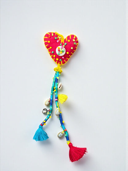 Boho Heart Charm – Handmade Upcycled Fabric Hanging with Beads, Shells & Tassels