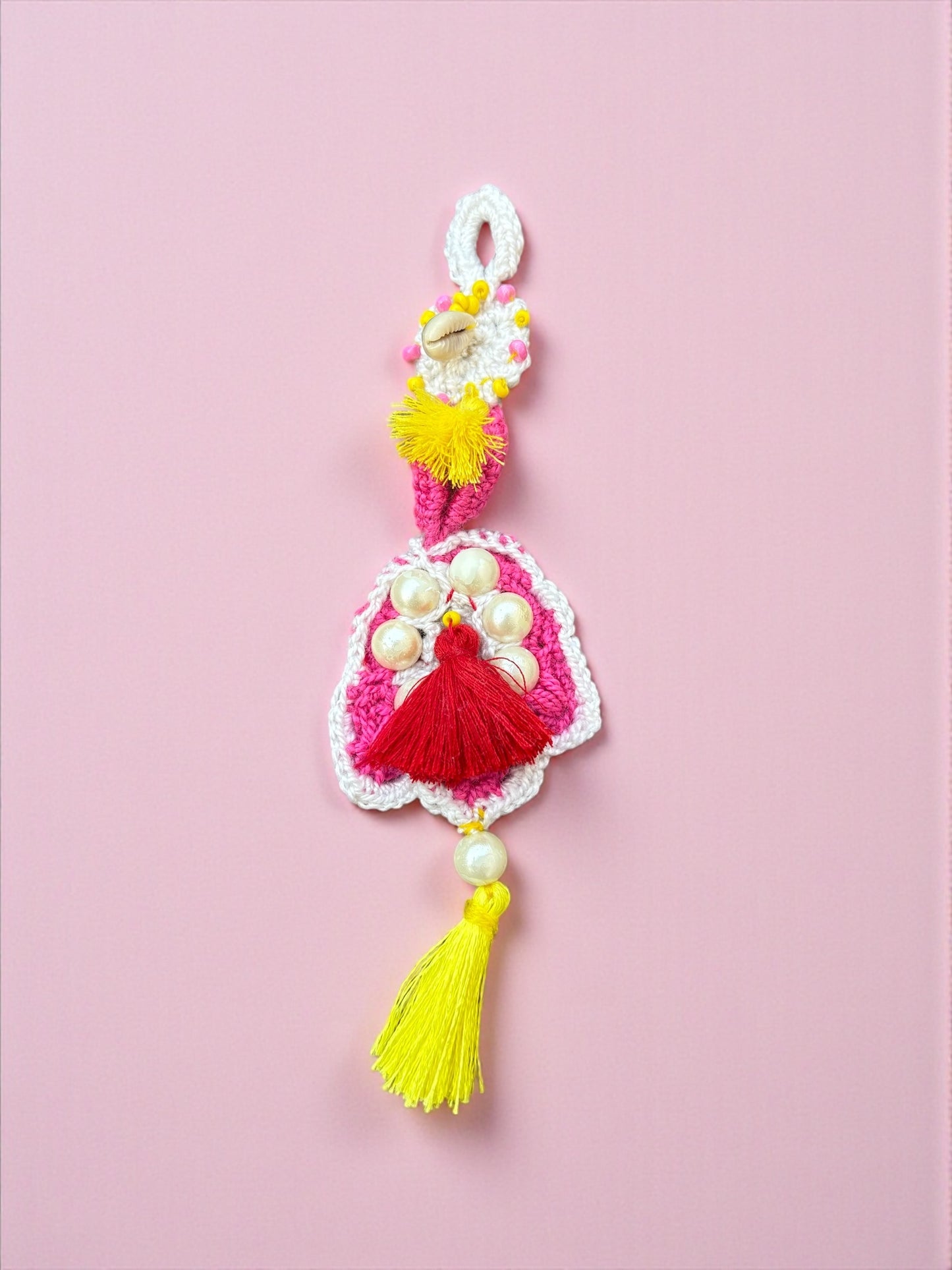 Boho Crochet Charm – Handmade Shell & Pearl Decor with Dual Tassels