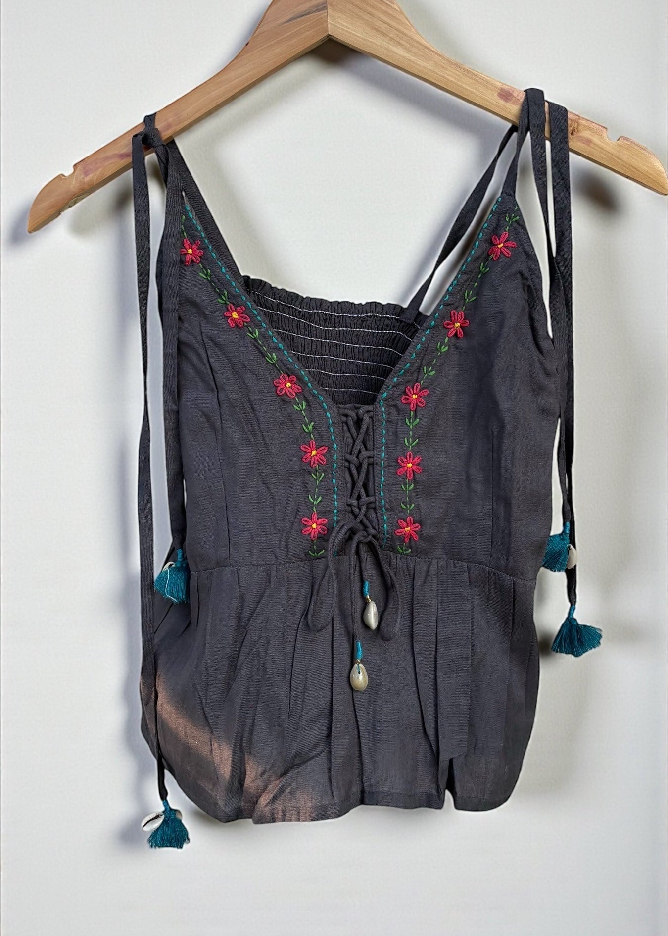 Charcoal Bloom Embroidered Lace-Up Strappy Top