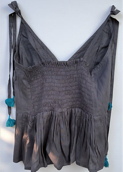 Charcoal Bloom Embroidered Lace-Up Strappy Top