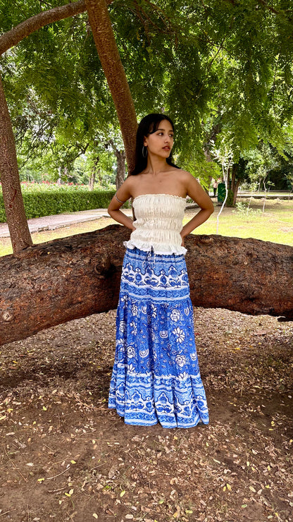 Blue Blossom Block-Print Skirt