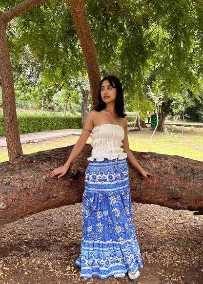 Blue Blossom Block-Print Skirt