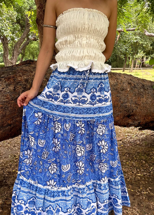Blue Blossom Block-Print Skirt
