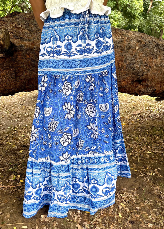 Blue Blossom Block-Print Skirt