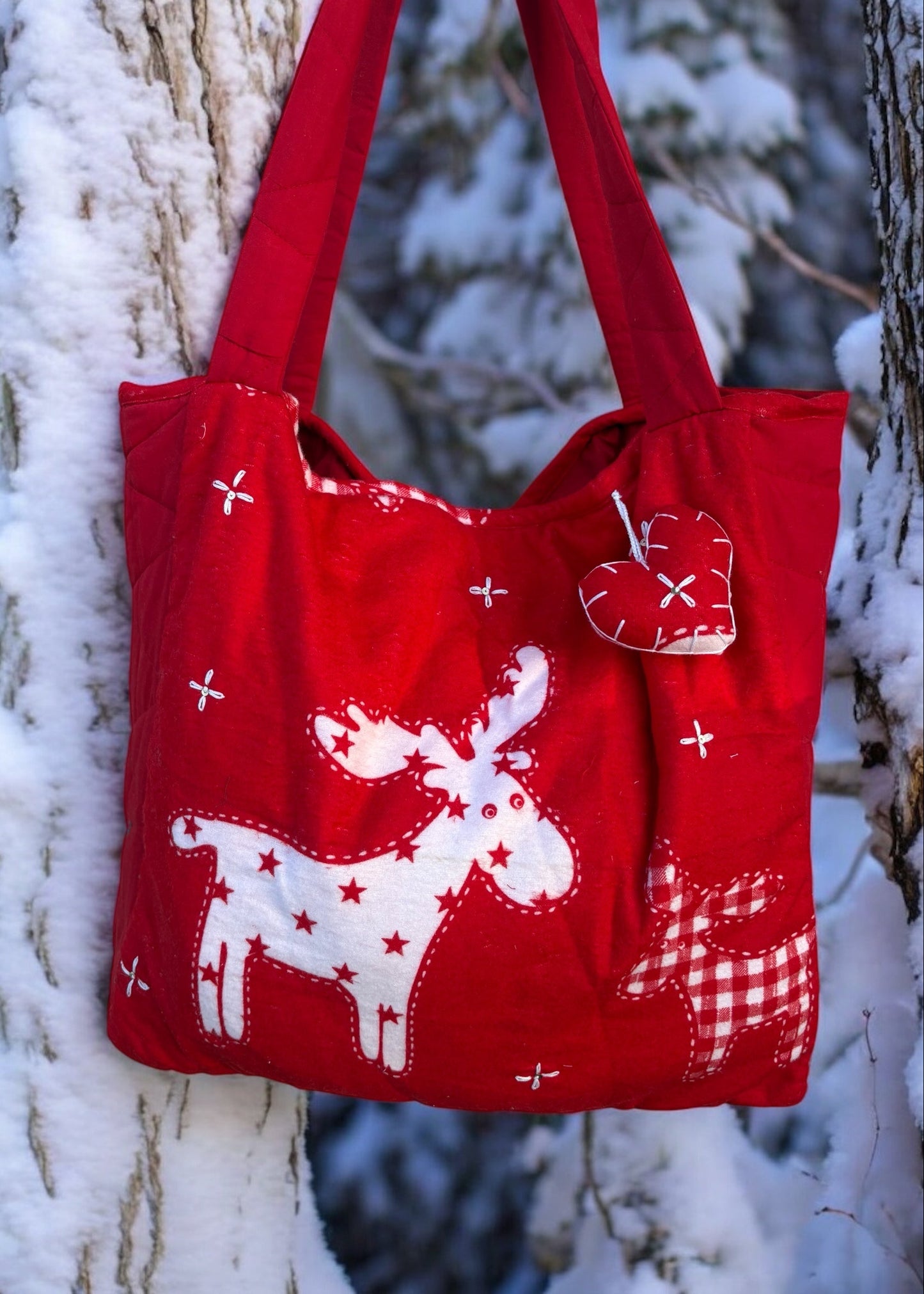 Handcrafted Christmas Tote Bag – Red Quilted Reindeer Cotton Tote