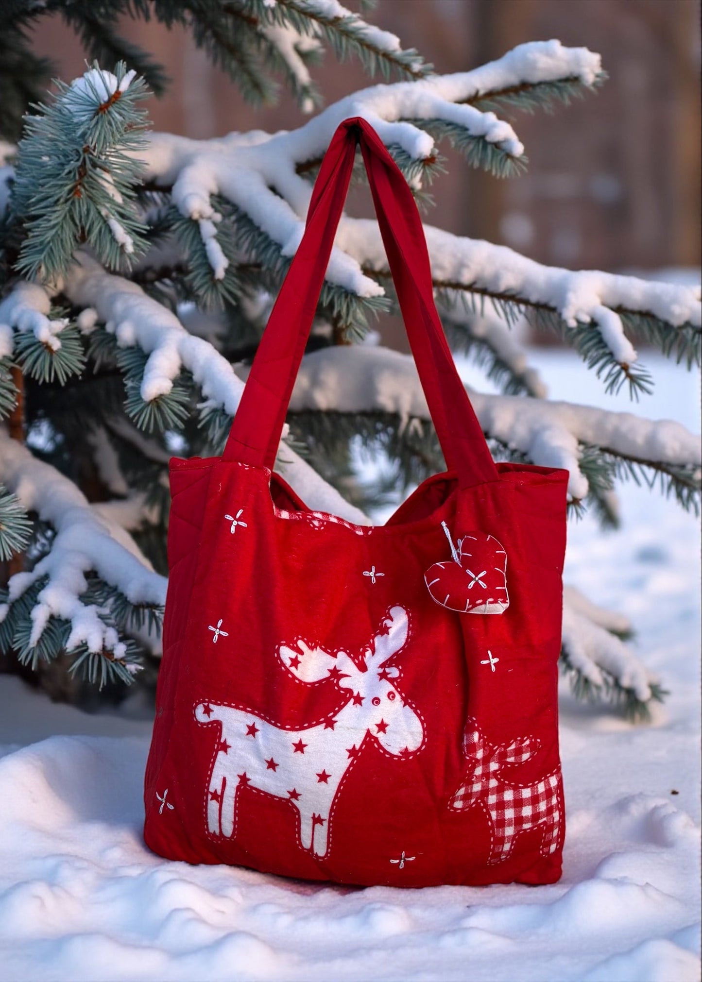 Handcrafted Christmas Tote Bag – Red Quilted Reindeer Cotton Tote