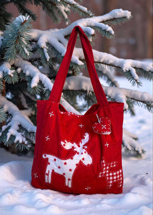 Handcrafted Christmas Tote Bag – Red Quilted Reindeer Cotton Tote