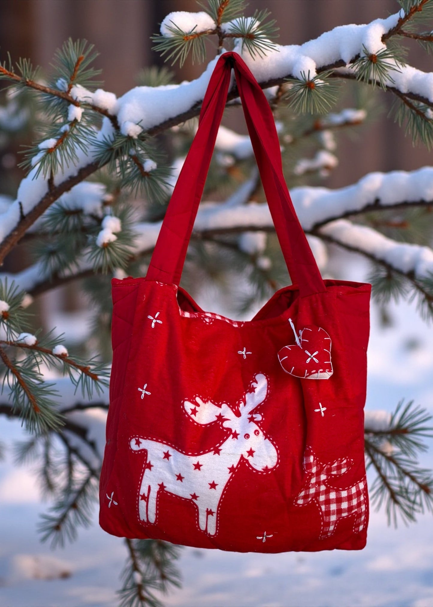 Handcrafted Christmas Tote Bag – Red Quilted Reindeer Cotton Tote