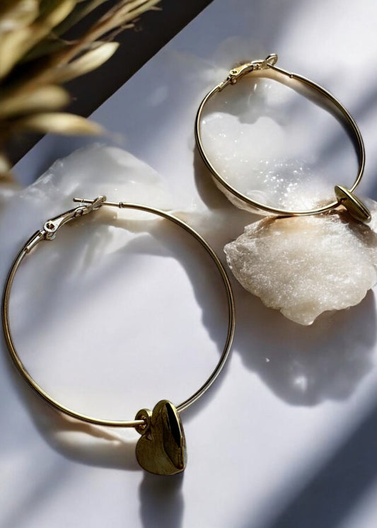 Velvet Dusk Brass Hoop Earrings with Heart Charm – That Romeo