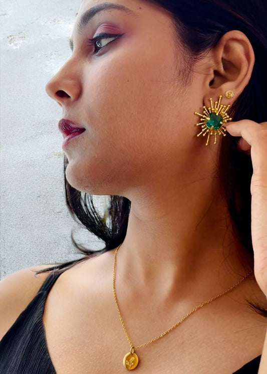 Mina Brass Sunburst Earrings with Green Crystal – That Romeo