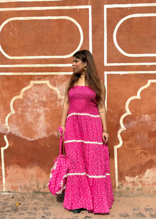 Pink Bandhani Smocked Dress